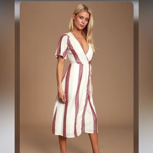 LuLus Caleta Cream and Red Striped Wrap Midi Dress